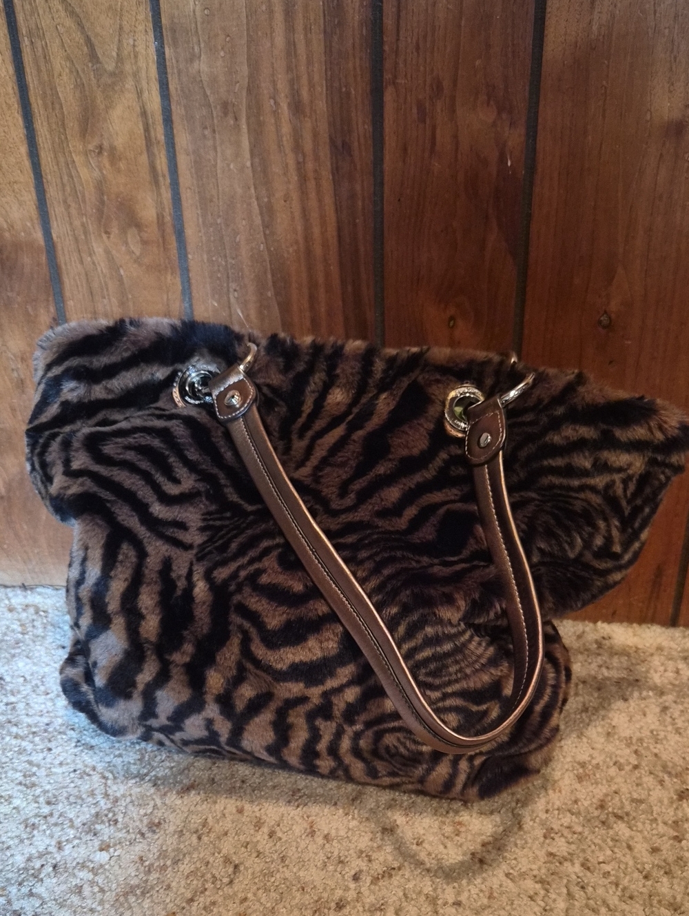 MAKOWSKY Vintage Faux Fur Zebra-Print Tote Bag in Brown